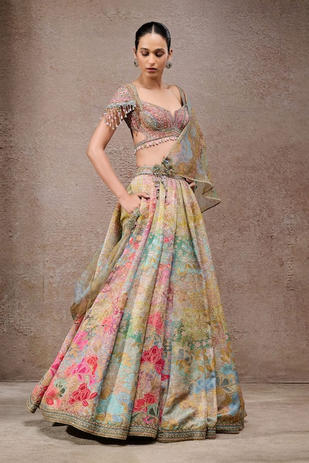 Shop_Tarun Tahiliani_Pink Chanderi, Satin, Silk Beads, Sequins Sweetheart Neck Designer Lehenga Set _Online_at_Aza_Fashions