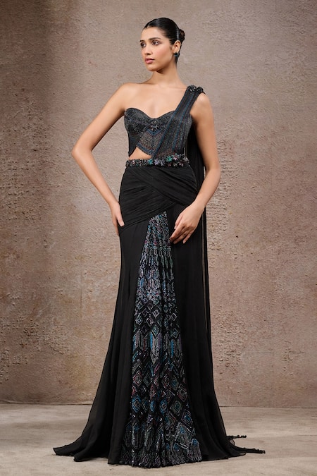 Tarun Tahiliani Black-Multi Designer Concept Saree & Corset Set 