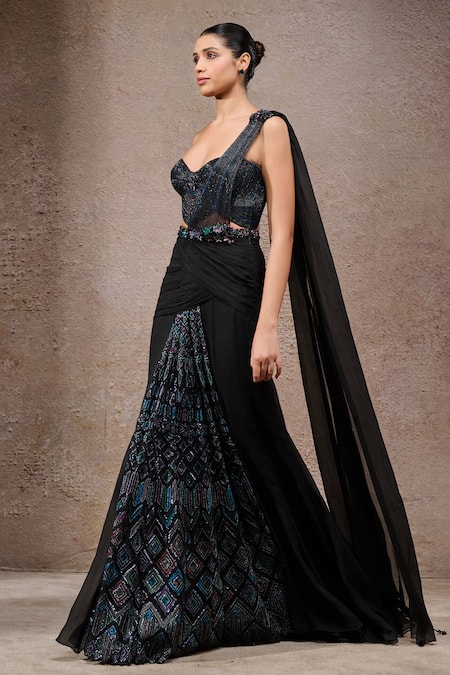 Tarun Tahiliani_Black Chiffon Sequins, Black-multi Designer Concept Saree And Corset Set _Online_at_Aza_Fashions