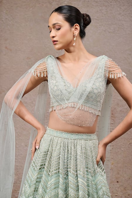 Tarun Tahiliani_Mint Tulle, Net Sequins, Beads, Embroidery V-neck Green Lehenga Set _Online_at_Aza_Fashions