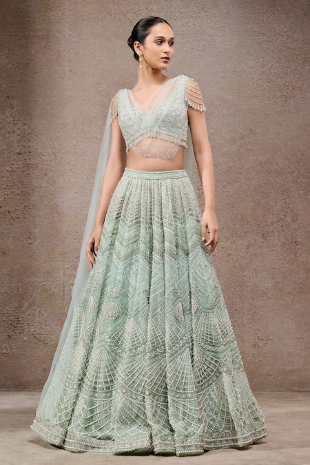 Buy_Tarun Tahiliani_Mint Tulle, Net Sequins, Beads, Embroidery V-neck Green Lehenga Set _Online_at_Aza_Fashions