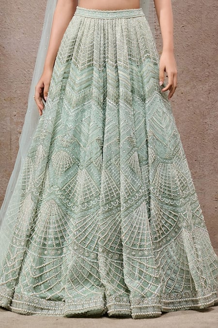Shop_Tarun Tahiliani_Mint Tulle, Net Sequins, Beads, Embroidery V-neck Green Lehenga Set _Online_at_Aza_Fashions