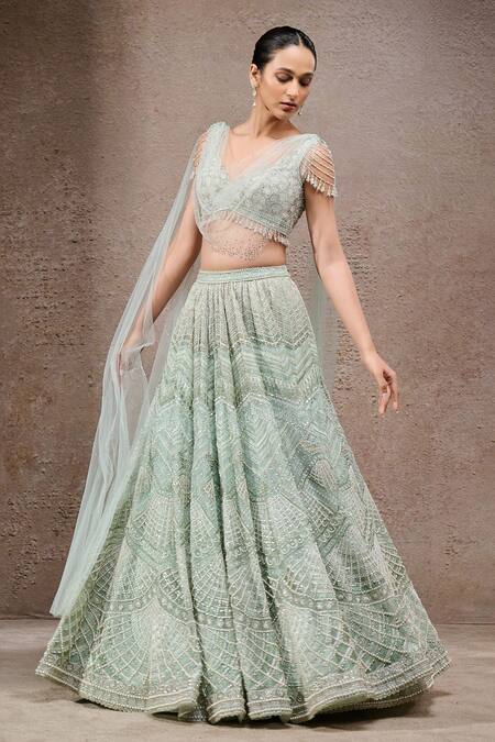 Tarun Tahiliani_Mint Tulle, Net Sequins, Beads, Embroidery V-neck Green Lehenga Set _at_Aza_Fashions