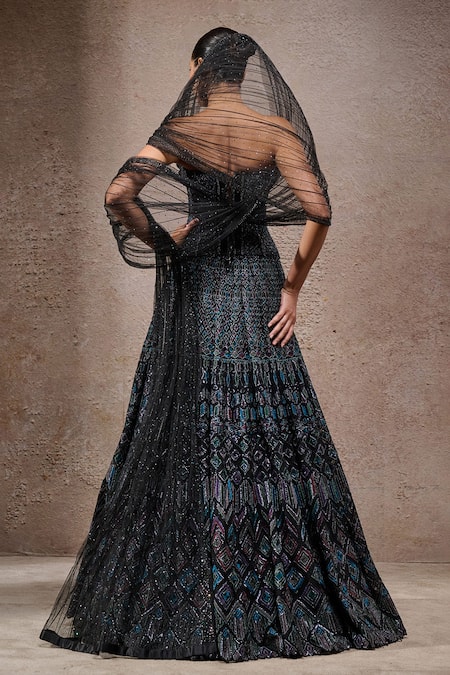 Tarun Tahiliani Black-Multi Tulle Net Lehenga Set 