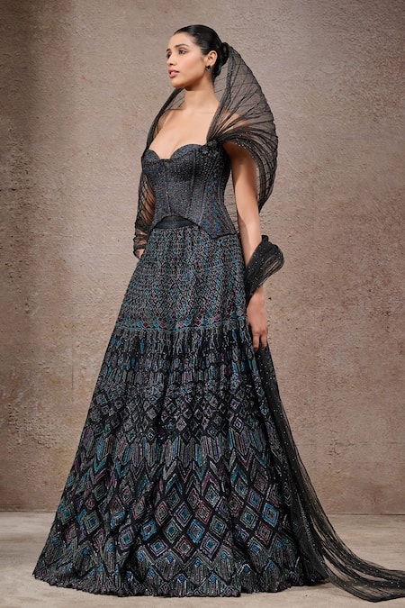Buy Tarun Tahiliani Black Tulle, Net Sequins, Beads, Embroidery Sweetheart Black-multi Lehenga Set Online at Aza Fashions Buy_Tarun Tahiliani_Black Tulle, Net Sequins, Beads, Embroidery Sweetheart Black-multi Lehenga Set _Online_at_Aza_Fashions