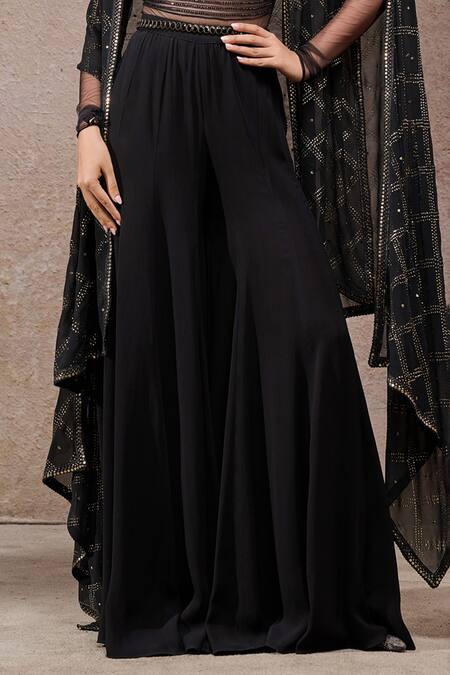Tarun Tahiliani_Black Tulle, Net, Georgette V-, Round Designer Cape And Trouser Set _Online_at_Aza_Fashions