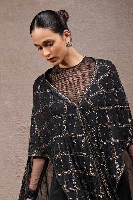 Buy_Tarun Tahiliani_Black Tulle, Net, Georgette V-, Round Designer Cape And Trouser Set _Online_at_Aza_Fashions