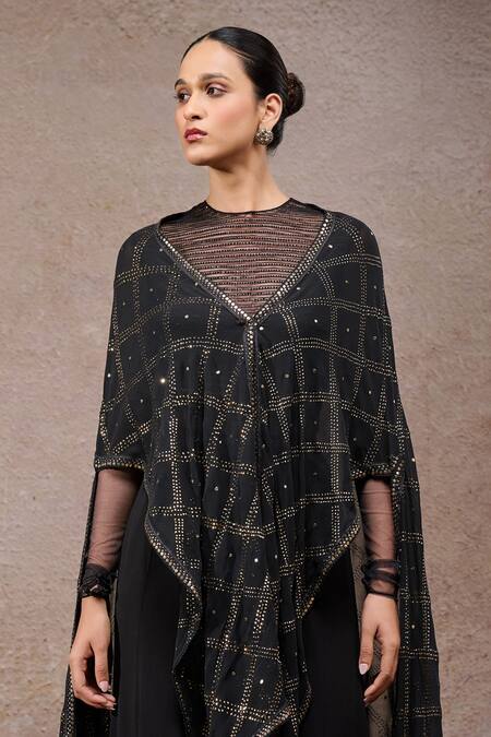 Shop_Tarun Tahiliani_Black Tulle, Net, Georgette V-, Round Designer Cape And Trouser Set _Online_at_Aza_Fashions