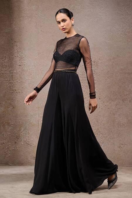 Tarun Tahiliani_Black Tulle, Net, Georgette V-, Round Designer Cape And Trouser Set _at_Aza_Fashions