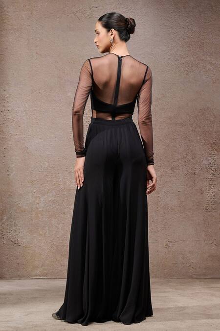 Buy_Tarun Tahiliani_Black Tulle, Net, Georgette V-, Round Designer Cape And Trouser Set 