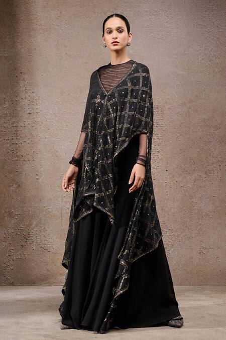 Shop_Tarun Tahiliani_Black Tulle, Net, Georgette V-, Round Designer Cape And Trouser Set 