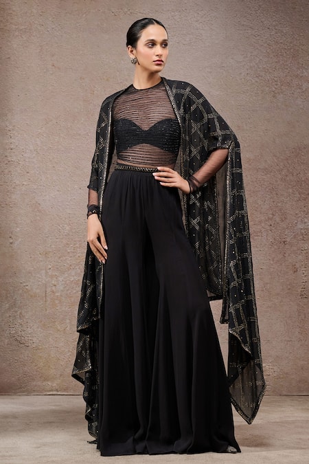 Tarun Tahiliani Black Tulle, Net, Georgette V-, Round Designer Cape And Trouser Set  9