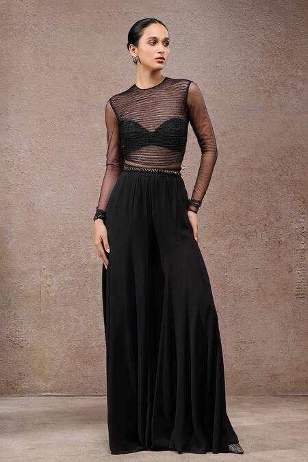 Tarun Tahiliani Black Tulle, Net, Georgette V-, Round Designer Cape And Trouser Set  10