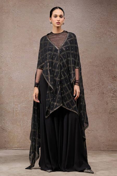 Tarun Tahiliani Black Tulle, Net, Georgette V-, Round Designer Cape And Trouser Set  11