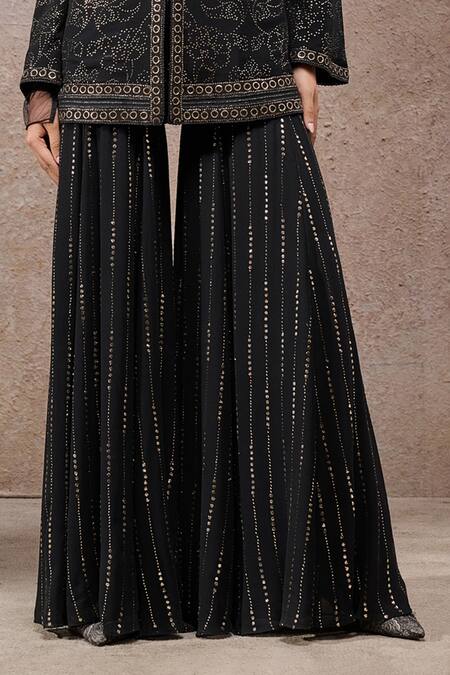 Tarun Tahiliani Black Tulle, Net, Georgette Metallic Thread, Mukaish Fabric Jacket And Sharara Set Online at Aza Fashions Tarun Tahiliani_Black Tulle, Net, Georgette Metallic Thread, Mukaish Fabric Jacket And Sharara Set _Online_at_Aza_Fashions