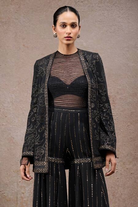 Buy Tarun Tahiliani Black Tulle, Net, Georgette Metallic Thread, Mukaish Fabric Jacket And Sharara Set Online at Aza Fashions Buy_Tarun Tahiliani_Black Tulle, Net, Georgette Metallic Thread, Mukaish Fabric Jacket And Sharara Set _Online_at_Aza_Fashions