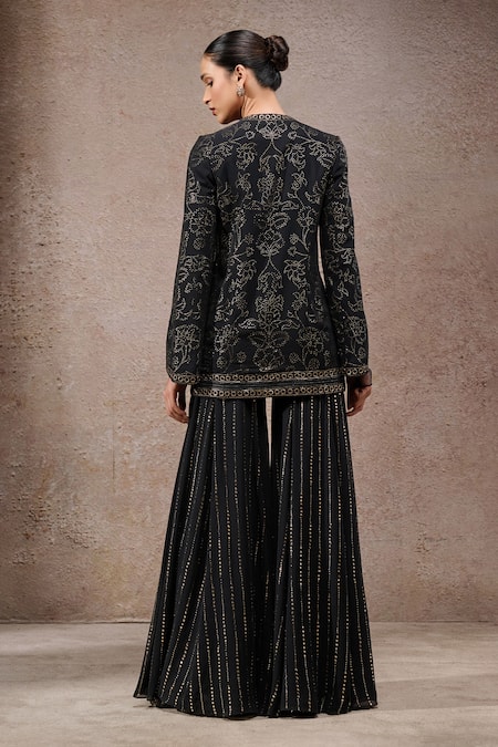 Tarun Tahiliani Black Mukaish Fabric Jacket & Sharara Set 