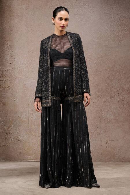 Shop Tarun Tahiliani Black Tulle, Net, Georgette Metallic Thread, Mukaish Fabric Jacket And Sharara Set Online at Aza Fashions Shop_Tarun Tahiliani_Black Tulle, Net, Georgette Metallic Thread, Mukaish Fabric Jacket And Sharara Set _Online_at_Aza_Fashions