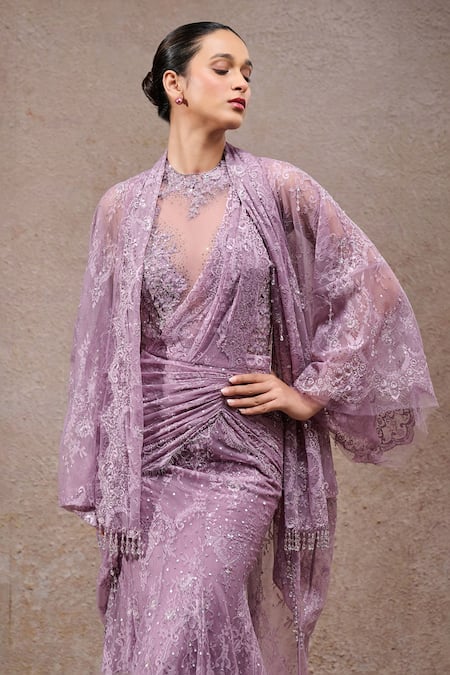 Tarun Tahiliani_Lavender , Tulle, Net High , Open Designer Saree Set _Online_at_Aza_Fashions