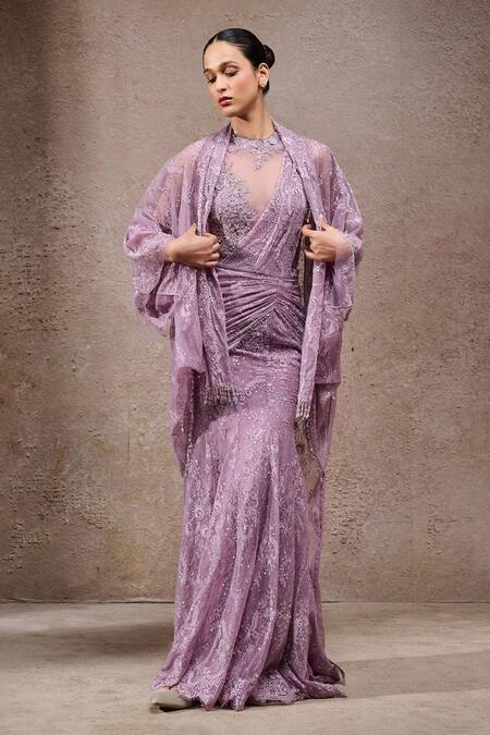 Buy_Tarun Tahiliani_Lavender , Tulle, Net High , Open Designer Saree Set _Online_at_Aza_Fashions