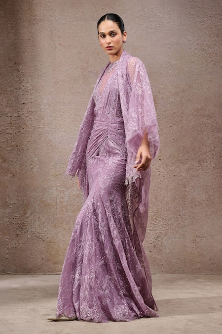 Shop_Tarun Tahiliani_Lavender , Tulle, Net High , Open Designer Saree Set _Online_at_Aza_Fashions