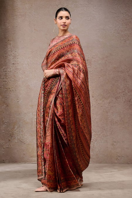 Tarun Tahiliani_Red Georgette Zari Multi Color Designer Saree And Unstitched Blouse Piece Set _Online_at_Aza_Fashions