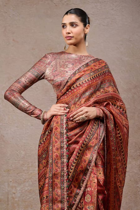 Buy_Tarun Tahiliani_Red Georgette Zari Multi Color Designer Saree And Unstitched Blouse Piece Set _Online_at_Aza_Fashions