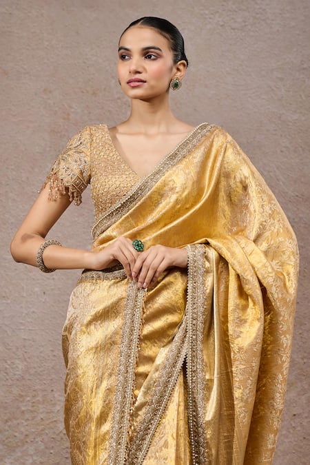 Tarun Tahiliani_Gold Brocade Embroidery, Zari Saree With Unstitched Blouse Piece _Online_at_Aza_Fashions