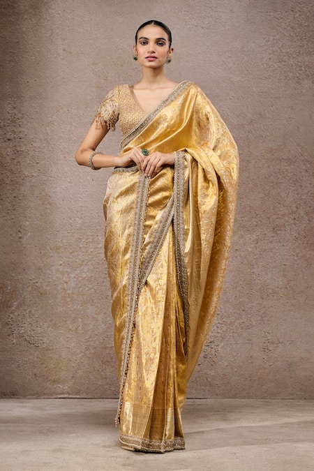Buy_Tarun Tahiliani_Gold Brocade Embroidery, Zari Saree With Unstitched Blouse Piece _Online_at_Aza_Fashions