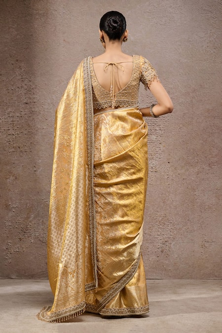 Shop_Tarun Tahiliani_Gold Brocade Embroidery, Zari Saree With Unstitched Blouse Piece _at_Aza_Fashions