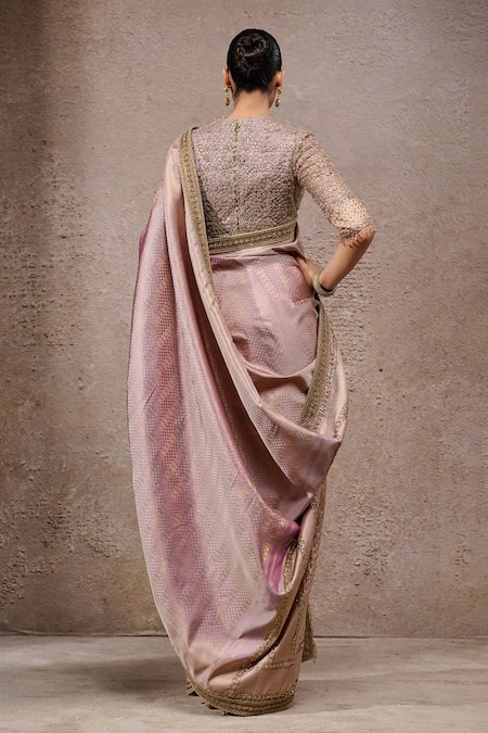 Shop_Tarun Tahiliani_Purple Brocade Beads Designer Saree With Unstitched Blouse Piece _at_Aza_Fashions
