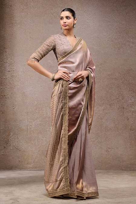 Shop_Tarun Tahiliani_Purple Brocade Beads Designer Saree With Unstitched Blouse Piece _Online_at_Aza_Fashions
