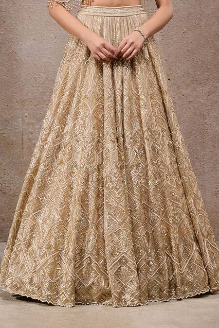 Buy_Tarun Tahiliani_Gold Tulle, Net Sequins, Beads Off-shoulder Embroidered Lehenga Set 