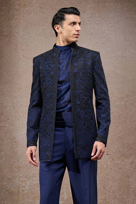 Tarun Tahiliani_Navy Georgette Sequins Designer Bandhgala Trouser Set _Online_at_Aza_Fashions
