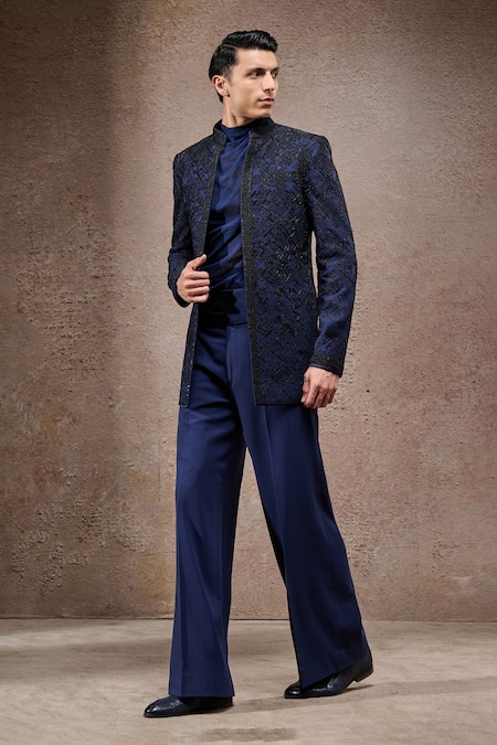 Buy_Tarun Tahiliani_Navy Georgette Sequins Designer Bandhgala Trouser Set _Online_at_Aza_Fashions