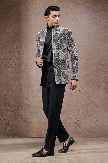 Tarun Tahiliani_Ivory Georgette, Silk Geometric Pattern Designer Bandgala Set _Online_at_Aza_Fashions