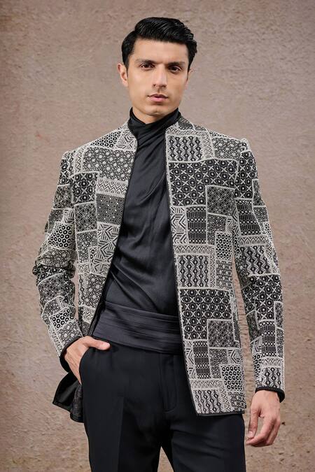 Buy_Tarun Tahiliani_Ivory Georgette, Silk Geometric Pattern Designer Bandgala Set _Online_at_Aza_Fashions