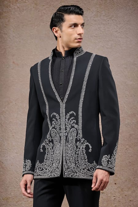 Tarun Tahiliani_Black Georgette Zari Designer Bandgala Trouser Set _Online_at_Aza_Fashions