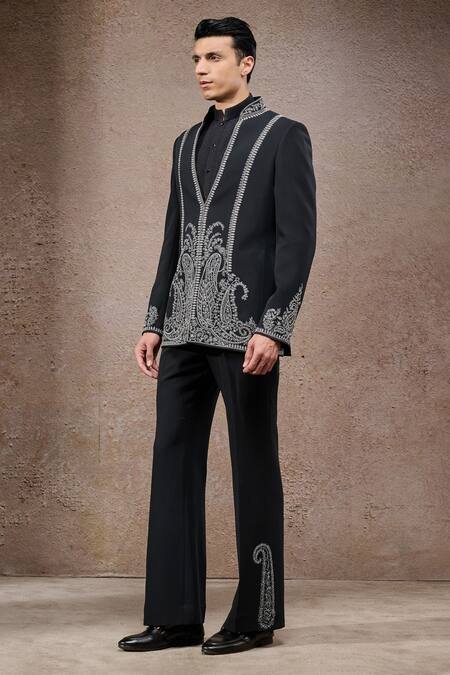 Shop_Tarun Tahiliani_Black Georgette Zari Designer Bandgala Trouser Set _Online_at_Aza_Fashions