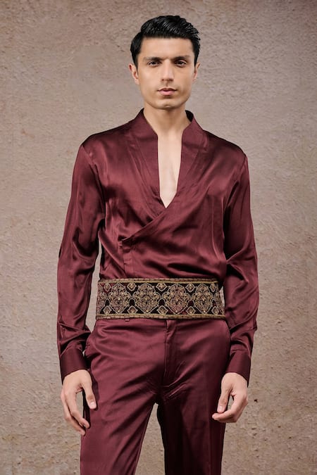Tarun Tahiliani_Wine Silk, Velvet Zari, Embroidery Designer Bandgala Set _Online_at_Aza_Fashions