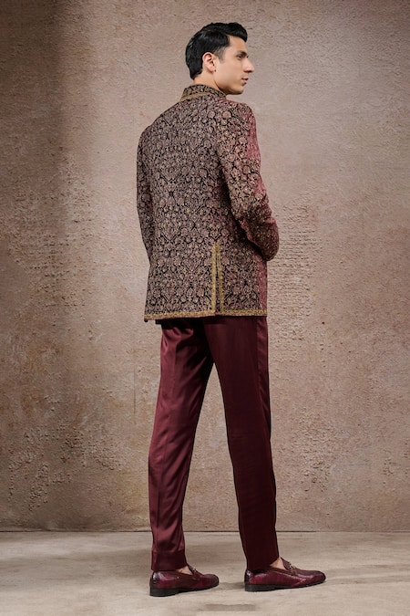 Tarun Tahiliani Wine Silk Velvet Designer Bandgala Set 