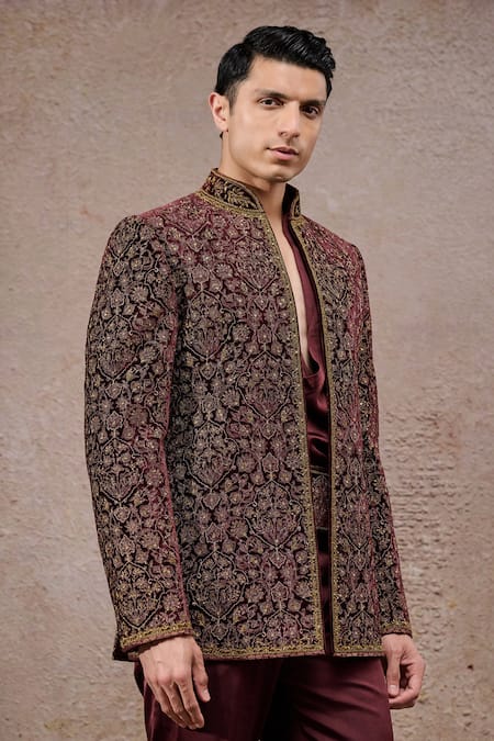 Buy_Tarun Tahiliani_Wine Silk, Velvet Zari, Embroidery Designer Bandgala Set _Online_at_Aza_Fashions