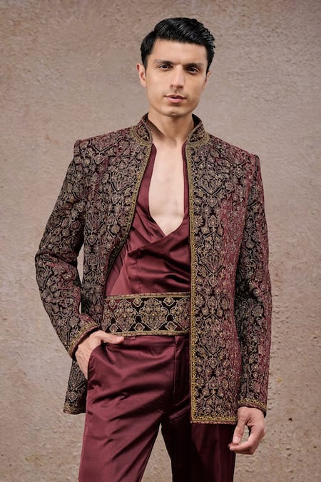 Shop_Tarun Tahiliani_Wine Silk, Velvet Zari, Embroidery Designer Bandgala Set _Online_at_Aza_Fashions