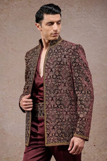 Tarun Tahiliani_Wine Silk, Velvet Zari, Embroidery Designer Bandgala Set _at_Aza_Fashions