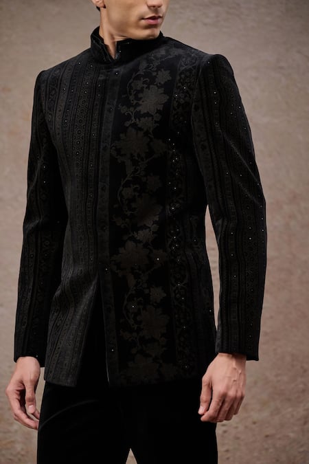 Tarun Tahiliani_Black Cotton, Satin, Velvet Sequins, Embroidery Designer Bandgala Suit Set _Online_at_Aza_Fashions