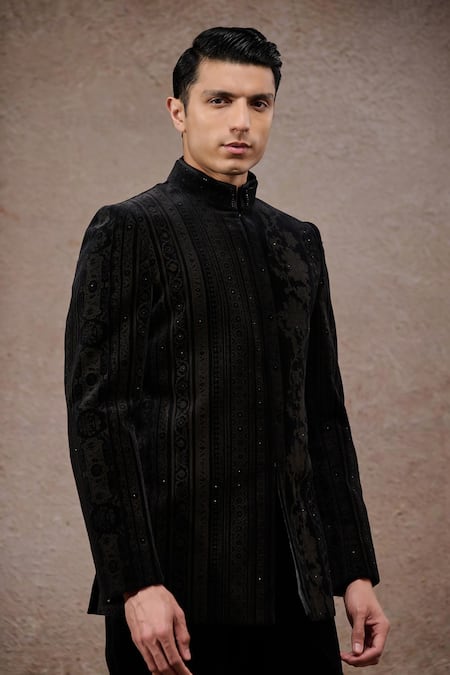 Buy_Tarun Tahiliani_Black Cotton, Satin, Velvet Sequins, Embroidery Designer Bandgala Suit Set _Online_at_Aza_Fashions