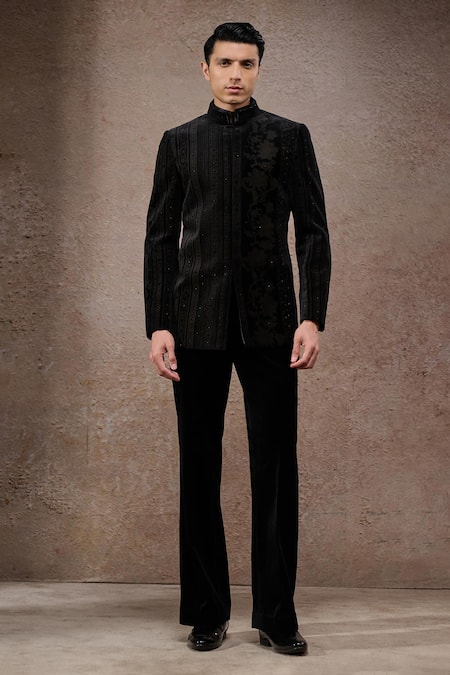 Tarun Tahiliani_Black Cotton, Satin, Velvet Sequins, Embroidery Designer Bandgala Suit Set _at_Aza_Fashions