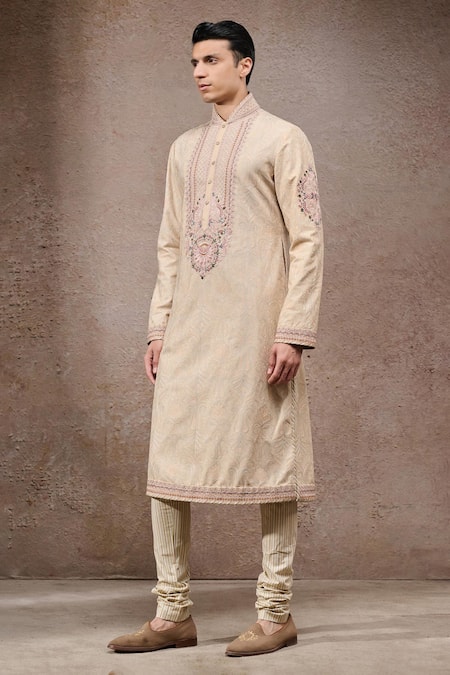 Tarun Tahiliani_Beige Jacquard, Poplin Embroidery Multi-beige Designer Kurta And Churidar Set _Online_at_Aza_Fashions