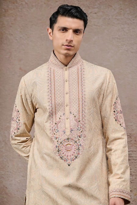 Buy_Tarun Tahiliani_Beige Jacquard, Poplin Embroidery Multi-beige Designer Kurta And Churidar Set _Online_at_Aza_Fashions
