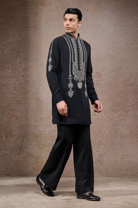 Tarun Tahiliani_Black Georgette Embroidery Designer Ivory-black Kurta And Trouser Set _Online_at_Aza_Fashions